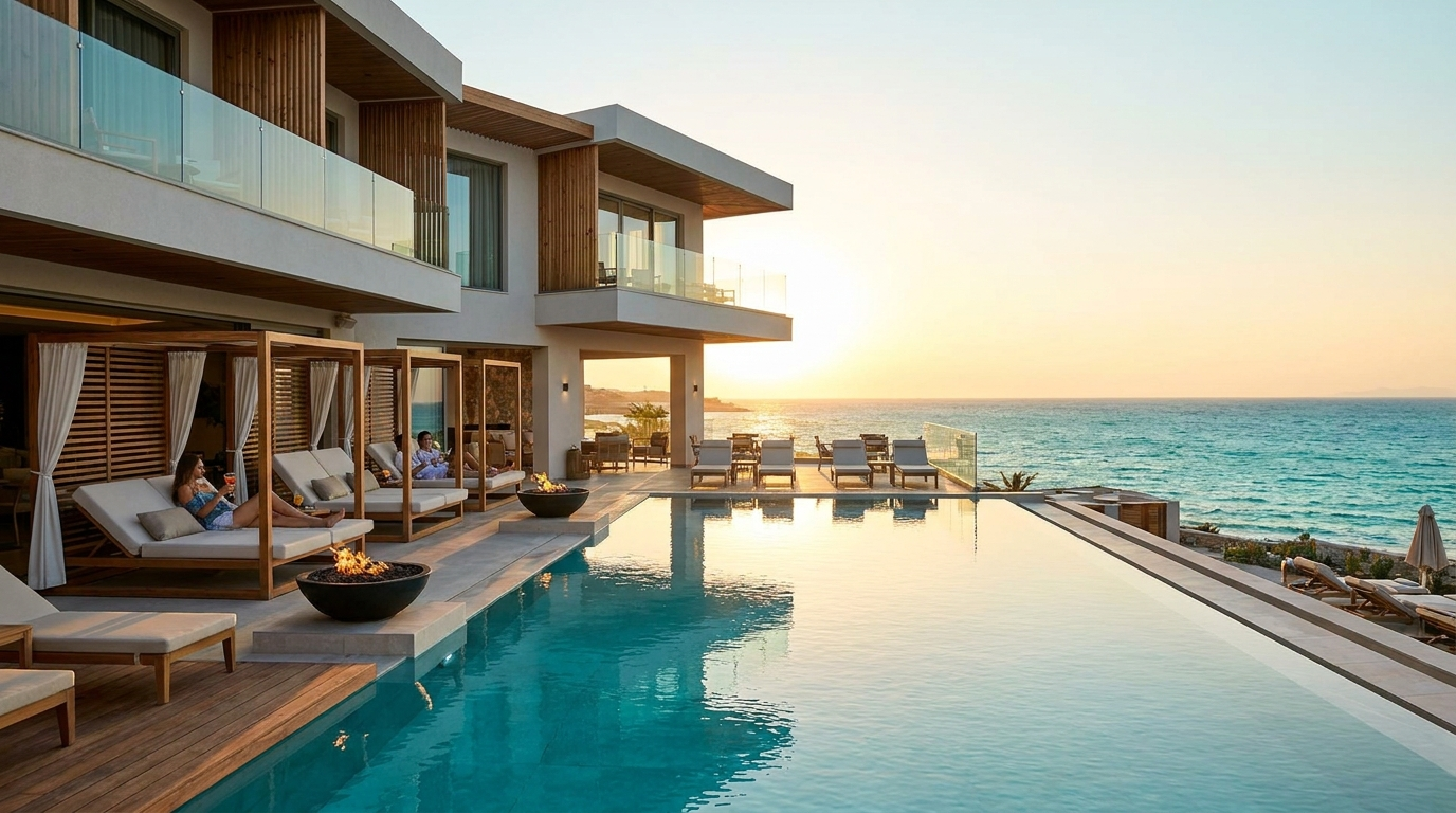 Hotel exterior at sunset